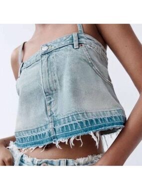 ZARA Denim Jean Cropped Top Spaghetti Strap Blue Wash  Bloggers fave XS